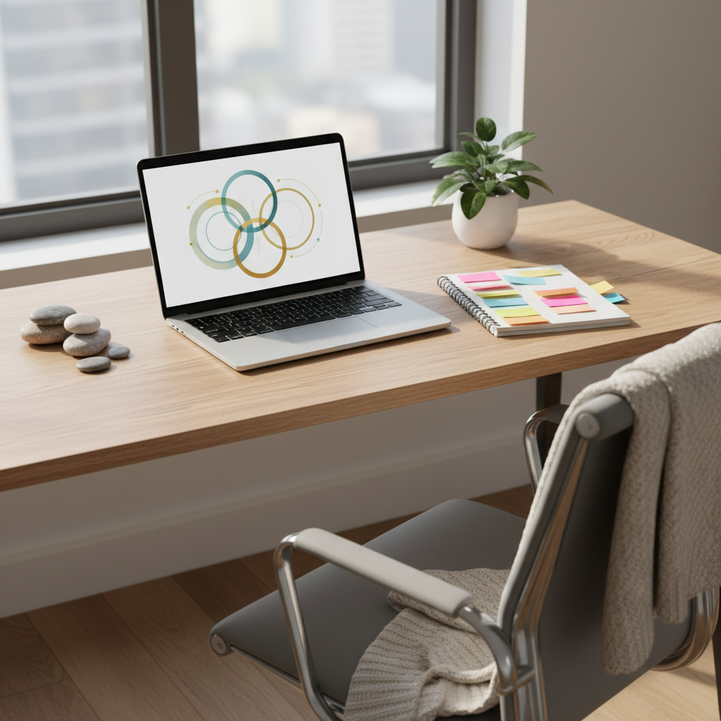 A modern study desk setup representing parent learning about autism PDA, featuring an open laptop displaying an abstract, text-free infographic with overlapping circles and pathways, surrounded by a notebook filled with color-coded sticky tabs, smooth stones, and a small leafy plant. The desk is light natural wood with a subtle grain, placed near a large window where diffused afternoon light gently illuminates the scene. A soft blanket is draped over the chair back, suggesting comfort and sustained focus. Shot in photographic realism from a slightly elevated angle with balanced, clear focus, the composition feels professional yet warm, highlighting curiosity, education, and collaboration without any medical or clinical imagery.