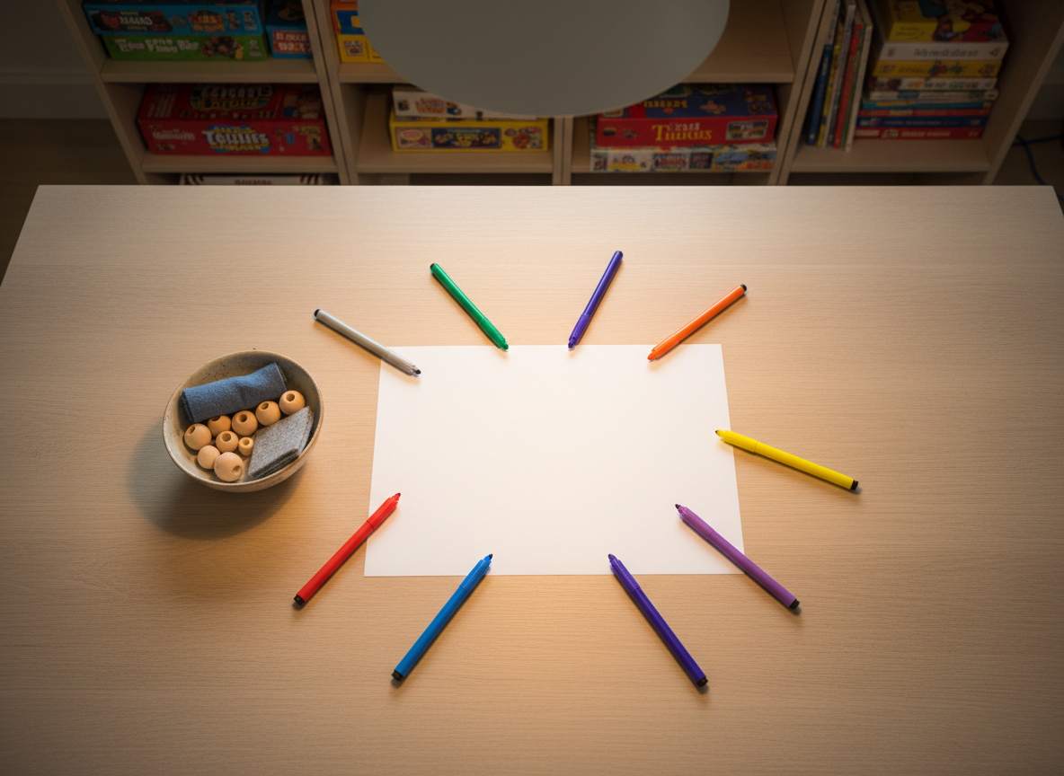A minimalist dining table scene illustrating collaborative problem-solving, featuring a large sheet of blank paper in the center with several different colored, uncapped markers laid around it, alongside a small bowl of tactile objects like smooth beads and fabric swatches. The table is light oak with a smooth matte finish, positioned under a warm pendant lamp that casts a gentle pool of light and soft shadows around the edges. In the blurred background, shelves hold board games and storybooks, hinting at playful negotiation and shared planning. Photographic realism from a top-down, bird’s eye perspective, creating a clear, organized composition that conveys respect, shared control, and non-stressful communication about daily demands.