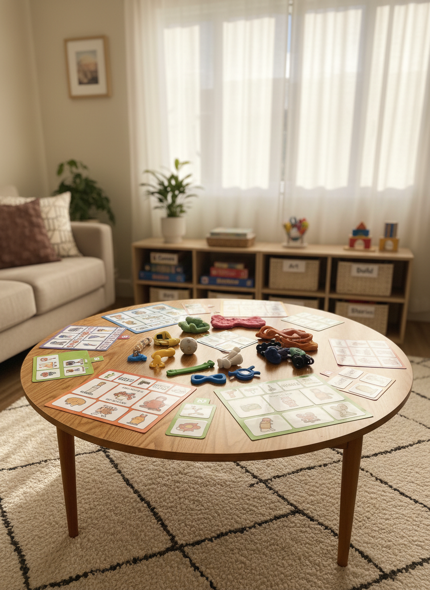 A cozy, sunlit family living room designed as a sensory-friendly collaboration space, with a large round wooden table covered in colorful visual schedules, illustrated choice cards, and soft-textured fidget objects. Low open shelves display neatly organized baskets of games and creative tools, symbolizing autonomy and flexible options. Gentle morning light filters through sheer curtains, creating soft highlights on the smooth table surface and casting gentle shadows on a plush rug. Photographic realism at eye level, with a shallow depth of field that keeps the table in crisp focus while the background becomes a calming blur, evoking a respectful, non-clinical atmosphere of support and understanding around autism PDA.