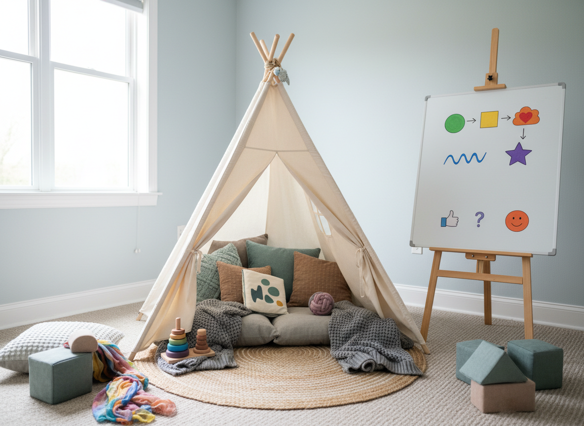 A bright playroom corner set up for low-demand, choice-based play, with an inviting teepee tent made of natural cotton fabric filled with soft pillows, weighted blankets, and a few carefully chosen toys laid out on a neutral rug rather than in bins. Nearby, a whiteboard on an easel shows only colorful icons and arrows—no text—representing flexible plans and communication options. Soft, overcast daylight streams in from a side window, creating even lighting and minimal shadows. Photographic realism with an eye-level, wide-angle composition, capturing the full space clearly. The mood is calm and empowering, visually emphasizing autonomy, safety, and sensory comfort for PDA-supportive environments.