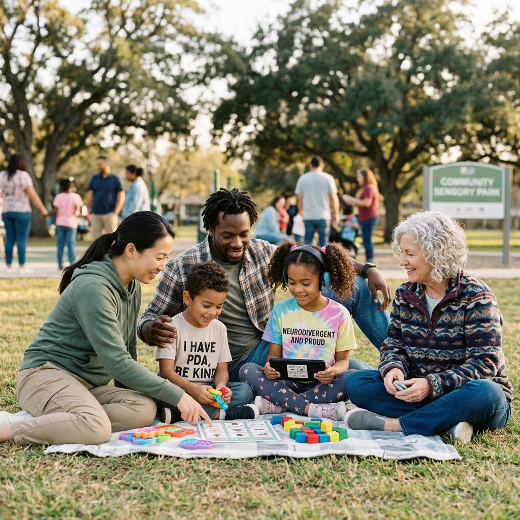 Four adults and two children sitting on a blanket playing educational games outdoors at a community sensory park