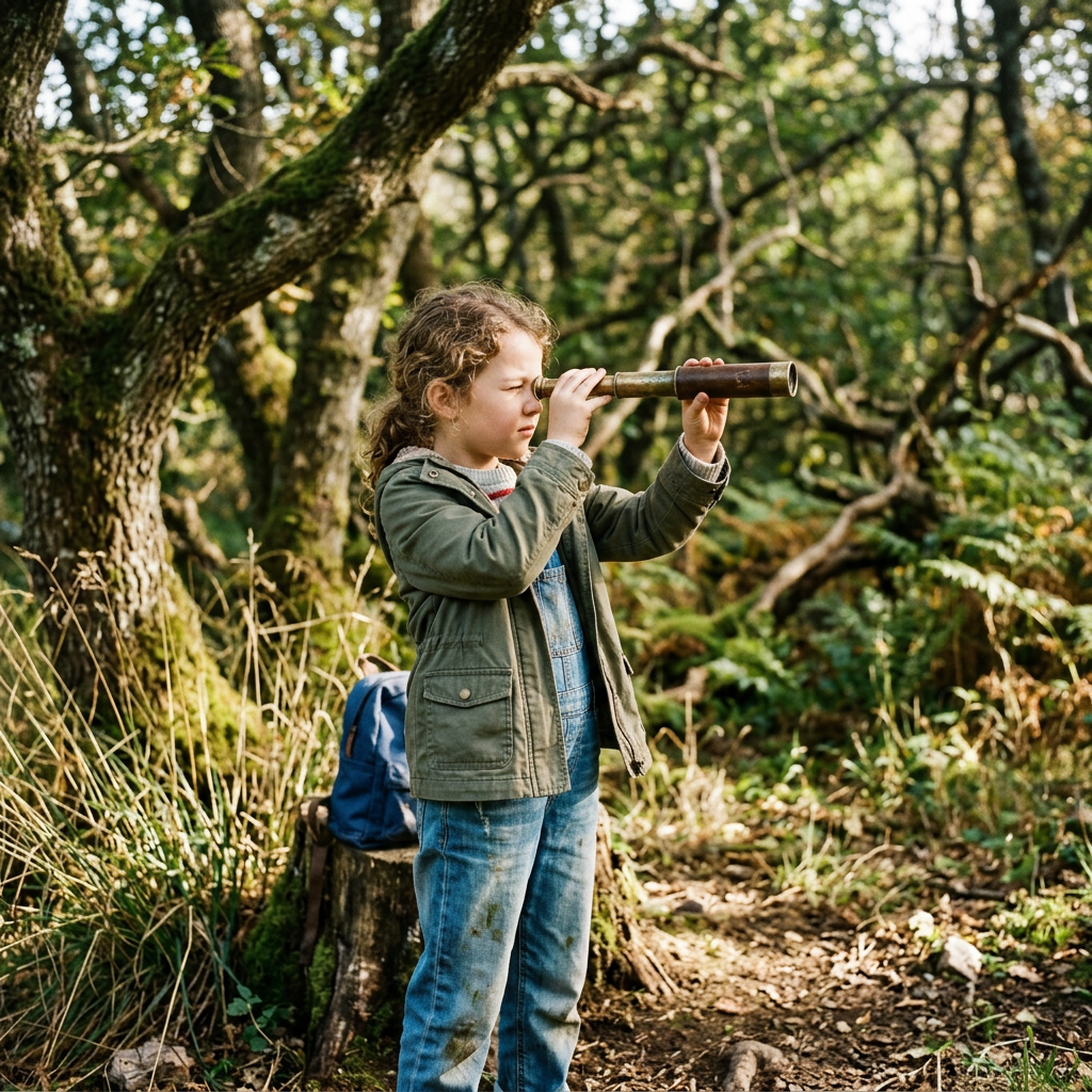 Child looking through binoculars in a wooded forest area