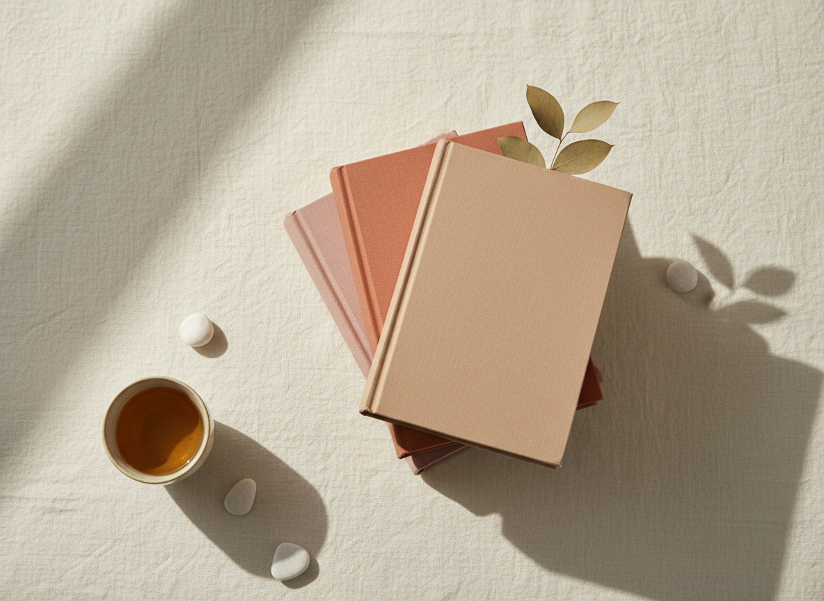 A clean, professional flat-lay photograph of a small stack of real books on a white or light neutral background.