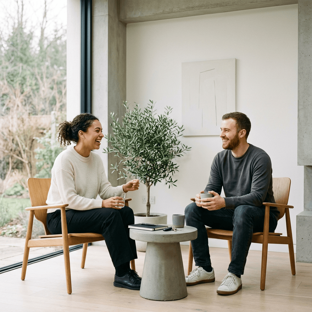 Two people sitting and talking in a minimalist room with plants and large window